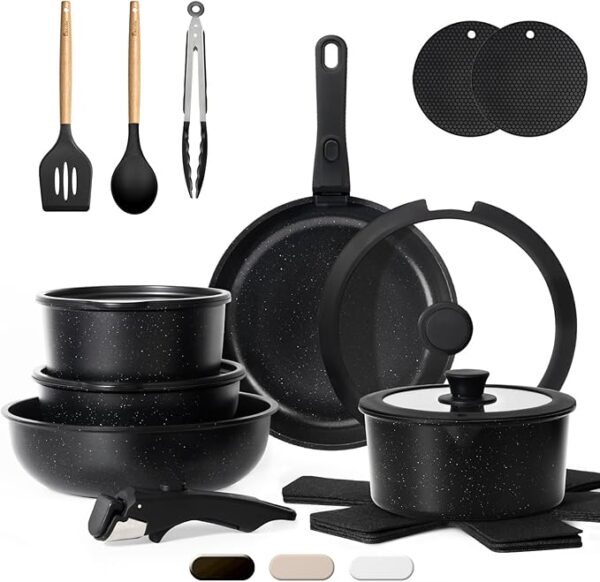 20-Piece Nonstick Pots and Pans Set – Detachable Handle Cookware, Non-Toxic, Induction Compatible, RV Kitchen Set, Dishwasher & Oven Safe, Easy to Clean (Black)