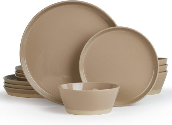 Famiware Saturn 12-Piece Dinnerware Set – Plates and Bowls for 4, Cinnamon Brown