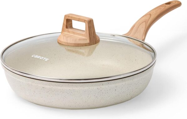 White Nonstick Frying Pan Skillet with Glass Lid, Granite Coating Egg & Omelet Pan