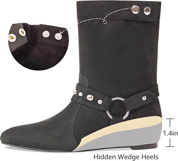 Slouchy Suede Moto Boots for Women | Harness Booties with Hidden Wedge Low Heel | Pull-On Flat Ankle Boots with Buckle | Western Kitten Heel Short Booties – Available at ShaheerDeals.com - Image 3