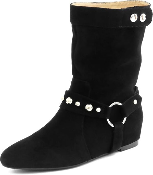 Slouchy Suede Moto Boots for Women | Harness Booties with Hidden Wedge Low Heel | Pull-On Flat Ankle Boots with Buckle | Western Kitten Heel Short Booties – Available at ShaheerDeals.com