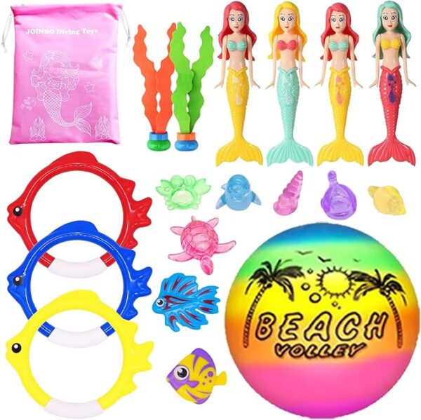 18 Pcs Diving Pool Toys for Kids Ages 3-12 – Fun Summer Swim Set with Storage Bag, Water Sinking Mermaid Toys for Pool