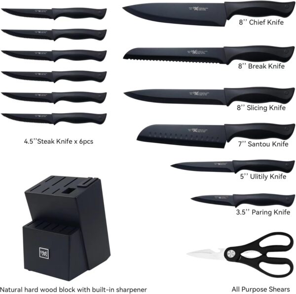 HUNTER.DUAL 15-Piece Kitchen Knife Set with Self-Sharpening Block – Dishwasher Safe, Anti-Slip Handle, Black - Image 2