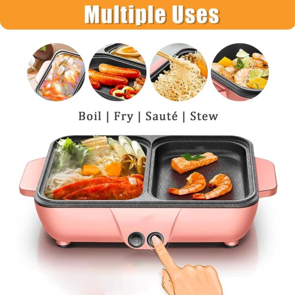 2-in-1 Electric Hot Pot and Grill Combo | Fast Heating 1200W | Non-Stick | Dual Temperature Control – Pink - Image 2