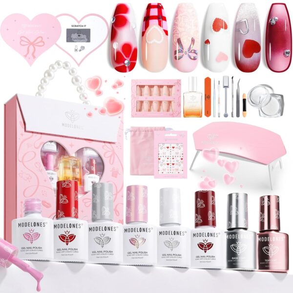 modelones Valentine's Gift Gel Nail Polish Kit with UV Light | Cat Eye Pearl Pink Red White Manicure Set – ShaheerDeals.com