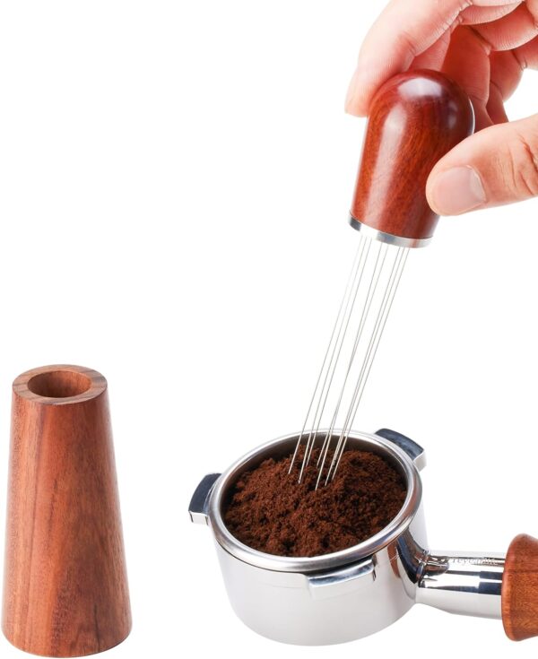 Espresso Distribution Tool & Stirrer – Stainless Steel Base, Natural Wood Handle, 8-Needle Coffee Clump Breaker