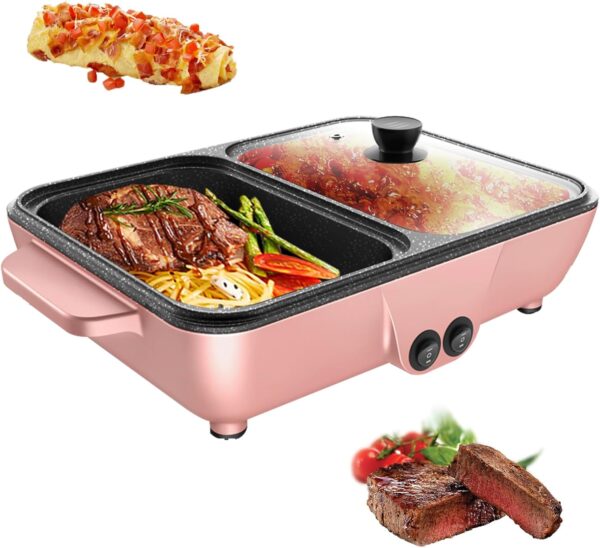 2-in-1 Electric Hot Pot and Grill Combo | Fast Heating 1200W | Non-Stick | Dual Temperature Control – Pink