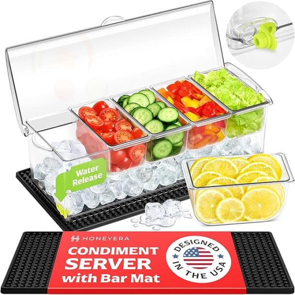 Honeyera Chilled Condiment Server | Hosting Essentials for Up to 80 Oz of Ice | Mimosa Bar Supplies w/Drain Plug | BPA-Free Taco Bar/Salad Bar | Food-Safe Condiment Caddy | Hosting Party Essentials