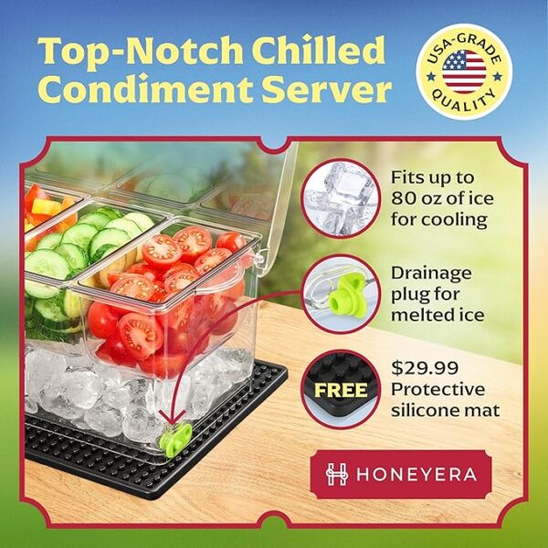 Honeyera Chilled Condiment Server | Hosting Essentials for Up to 80 Oz of Ice | Mimosa Bar Supplies w/Drain Plug | BPA-Free Taco Bar/Salad Bar | Food-Safe Condiment Caddy | Hosting Party Essentials - Image 2